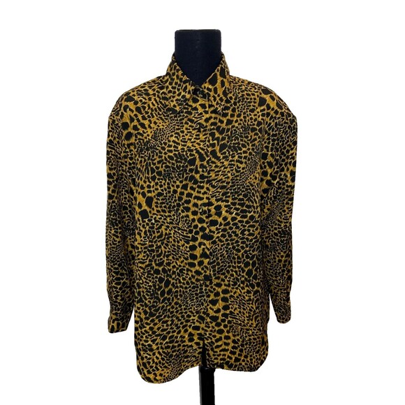 VTG Womens Animal Print Button Up Shirt M Tan Black Retro 90s Cheetah Mob Wife - Picture 3 of 13